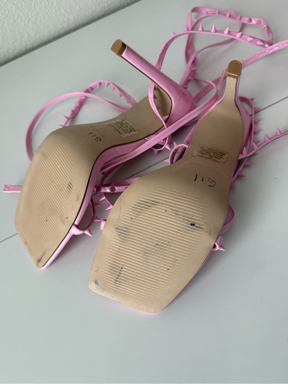 Steve Madden Uplift Pink Spiked Lace Up Stiletto Sandals Square Toe Heels 8M - Picture 4 of 4